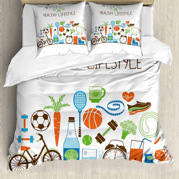 Set Copripiumino Abakuhaus Fitness, Tema Salute Athletic Energetic Life Routine Wellness Attrezzatura Da Palestra Verdure, 155 X 220 Cm + 80 X 80 Cm, Multicolore-image