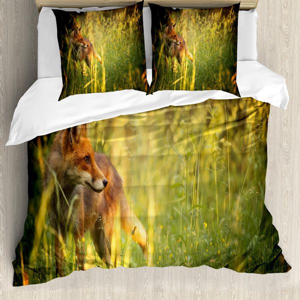 Set Copripiumino Abakuhaus Fuchs, Volpe Nella Foresta Estiva, Prati Freschi, Erba Selvaggia, Mammifero, Natura, 155 X 220 Cm + 80 X 80 Cm, Giallo Verde Arancione-image