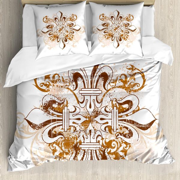 Abakuhaus Fleur De Lis Copripiumino, Fiori, Antiacaro, Adatto A Chi Soffre Di Allergie, Con Federe, 155 Cm X 220 Cm - 80 X 80 Cm, Marrone Bianco-image