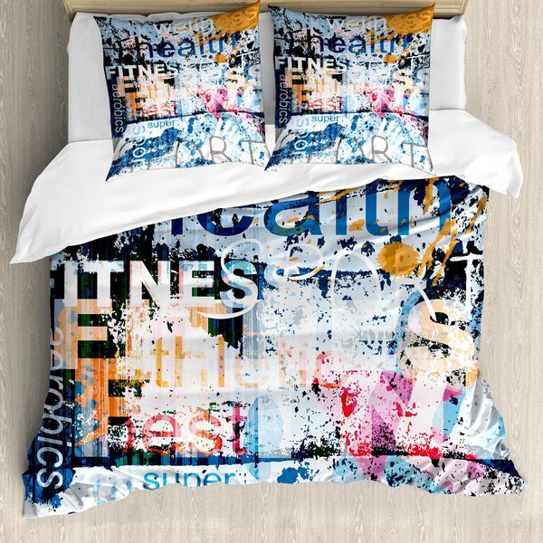Set Copripiumino Abakuhaus Fitness, Collezione Dedicata Alla Salute, Al Benessere, All'aerobica E Allo Sport Su Sfondo Vintage, 155 X 220 Cm + 80 X 80 Cm, Multicolore-image