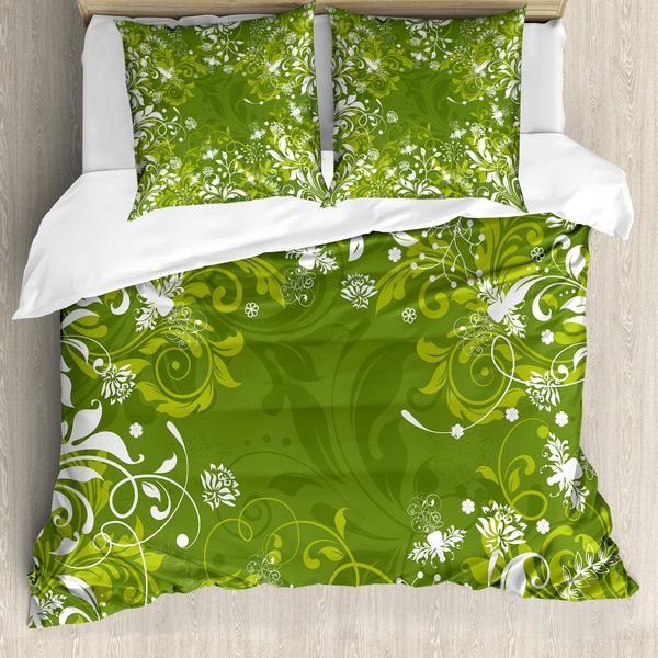 Abakuhaus Set Copripiumino Verde, Decorazioni Floreali Astratte, Foglie Artistiche Ispirate Alla Natura, 155 X 220 Cm + 80 X 80 Cm, Verde Mela Verde Felce-image