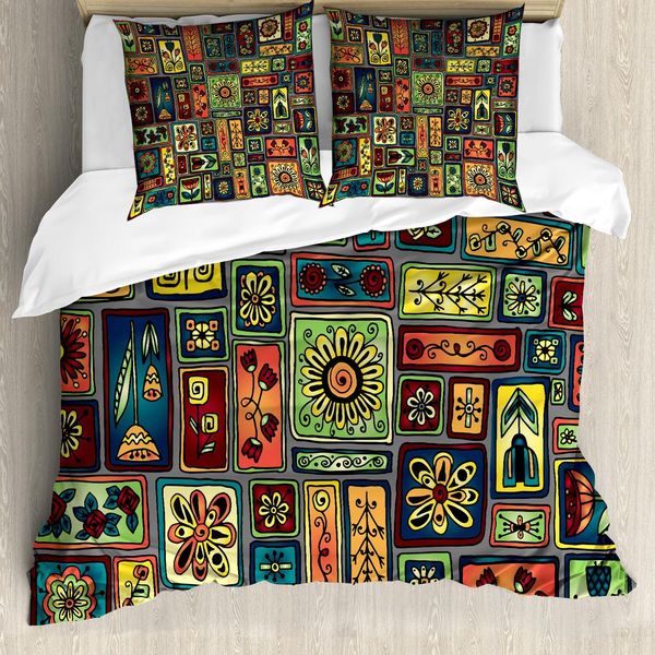 Set Copripiumino Hipster Abakuhaus, Scarabocchi Astratti Con Foglie E Cuori In Forme Geometriche - Rettangoli E Quadrati, 155 X 220 Cm + 80 X 80 Cm, Multicolore-image