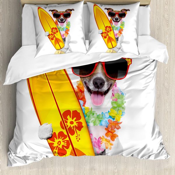 Abakuhaus Cavalca L'onda Copripiumino, Surf Dog Glasses, Antiacaro, Adatto A Chi Soffre Di Allergie, Con Federe, 200 Cm X 200 Cm - 80 X 80 Cm, Multicolore-image