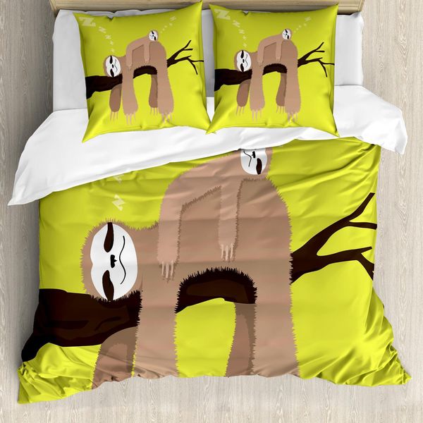 Set Copripiumino Abakuhaus Con Motivo Bradipo, Mamma Bradipo Che Dorme Su Un Ramo Con Il Piccolo Bradipo Sulla Schiena, 155 X 220 Cm + 80 X 80 Cm, Color Cacao E Verde Mela-image