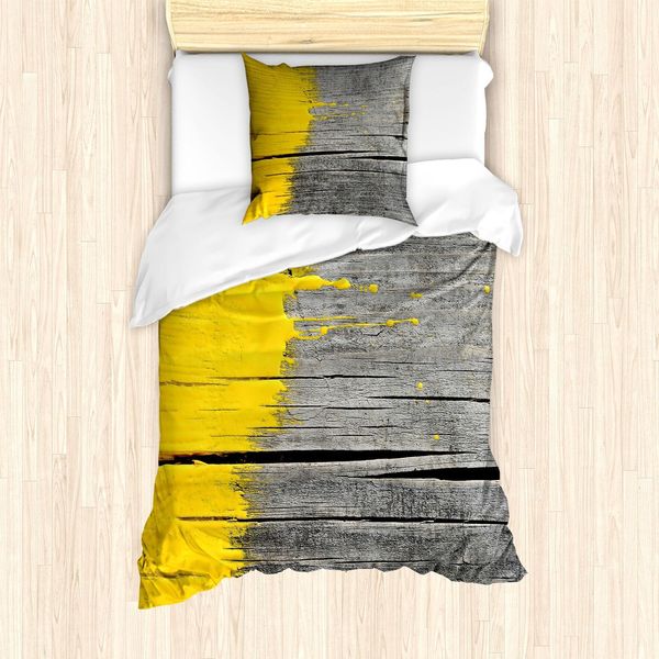 Set Copripiumino Abakuhaus Giallo, Vecchia Tavola Di Legno Con Effetto Spazzolato Giallo, Motivo Rustico Con Foto, 135 X 200 Cm + 80 X 80 Cm, Giallo Grigio-image