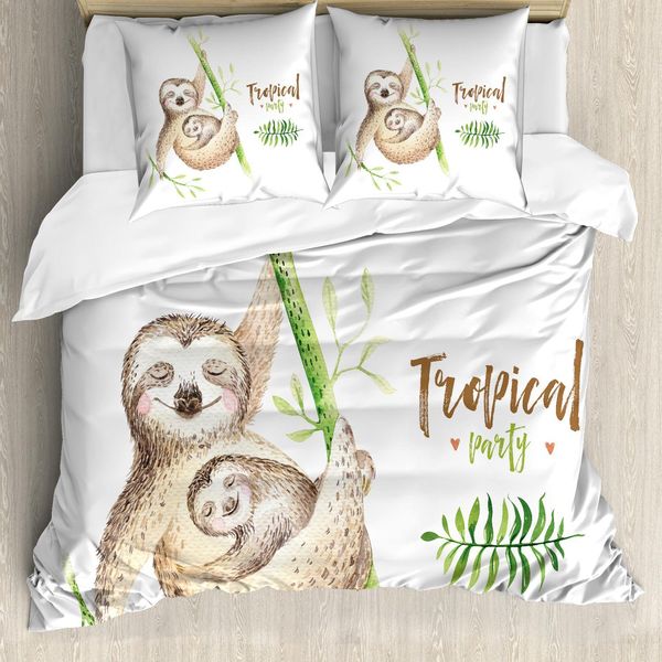 Abakuhaus Set Copripiumino Bradipo, Mamma E Cucciolo Animali Felicità Familiare Acquerello Boho Elementi Tropicali, 200 X 200 Cm + 80 X 80 Cm, Marrone Chiaro Verde-image
