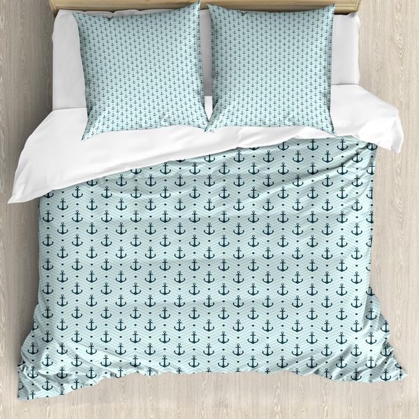 Abakuhaus Set Copripiumino Anker, Icone Marittime Su Sfondo A Zig Zag Chevron, 200 X 200 Cm + 80 X 80 Cm, Seafoam Teal-image
