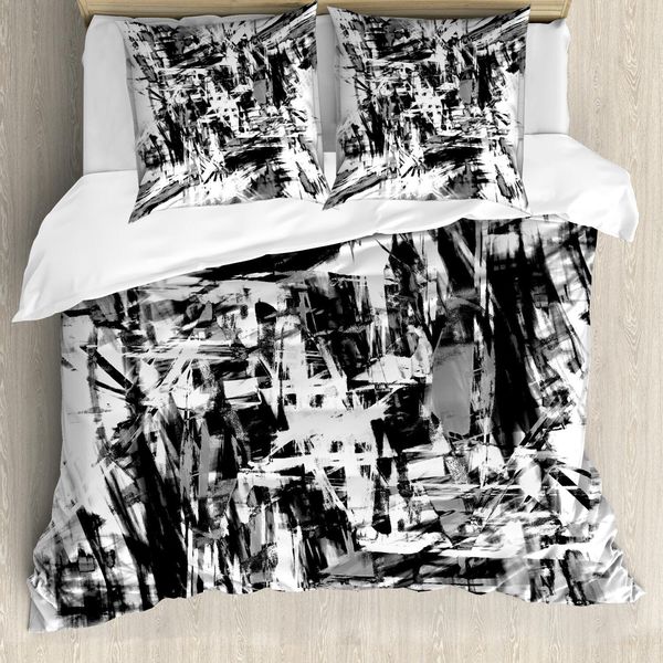 Abakuhaus Set Copripiumino Bianco E Nero, Arte Grunge Vintage Con Pennellate Caotiche, Arte Contemporanea, 200 X 200 Cm + 80 X 80 Cm, Bianco, Nero, Grigio-image