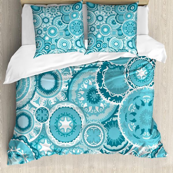 Set Copripiumino Abakuhaus, Motivo Tribale Hippie Etnico Con Petali Di Fiori E Mandala, Stampa Tradizionale, 200 X 200 Cm + 80 X 80 Cm, Turchese Verde Acqua Bianco-image