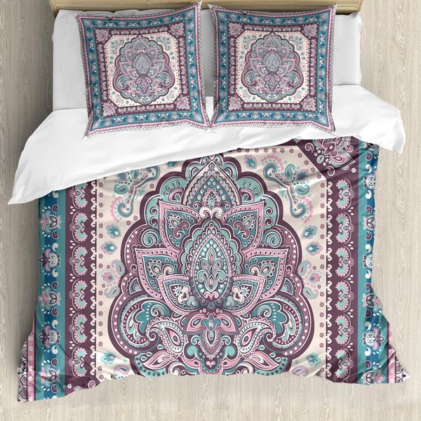 Abakuhaus Set Copripiumino Etnico, Motivo Mandala Paisley Orientale Asiatico, 200 X 200 Cm + 80 X 80 Cm, Rosa Pallido Lilla-image