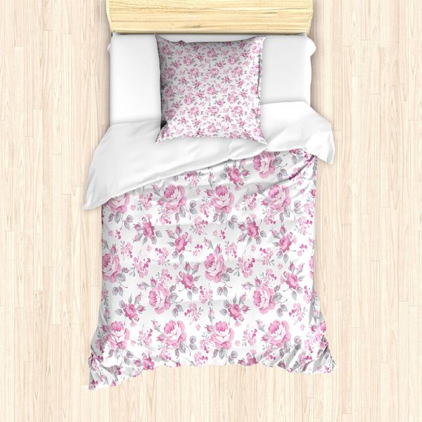 Abakuhaus Set Copripiumino Shabby Flora, Rose Rosa Con Foglie Grigie, Piante Da Giardino, Fiori Primaverili, 135 X 200 Cm + 80 X 80 Cm, Rosa Pallido, Bianco, Grigio-image