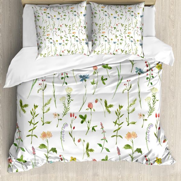 Set Copripiumino Abakuhaus, Acquerelli Primaverili, Erbe Aromatiche, Fiori Di Campo, Tema Botanico, Motivo Prato Alpino, 200 X 200 Cm + 80 X 80 Cm, Multicolore-image