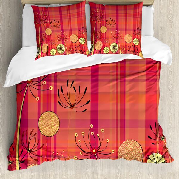 Abakuhaus Copripiumino Con Fiori, Tartan Con Fiori A Ombrella, Antiacaro, Adatto A Chi Soffre Di Allergie, Con Federe, 155 Cm X 220 Cm - 80 X 80 Cm, Giallo, Scuro, Corallo-image