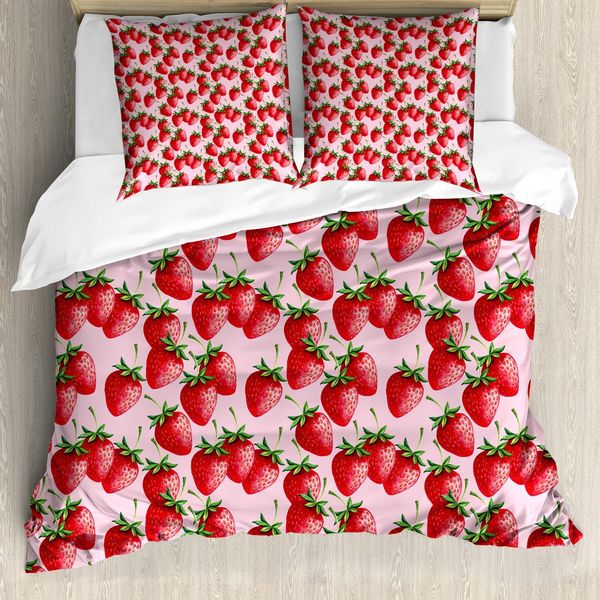 Set Copripiumino Abakuhaus Rosso, Deliziose Fragole Grandi Su Sfondo Rosa - Gustosi Frutti Estivi Maturi, Succosi E Dolci, 155 X 220 Cm + 80 X 80 Cm, Verde Rosa Rosso-image
