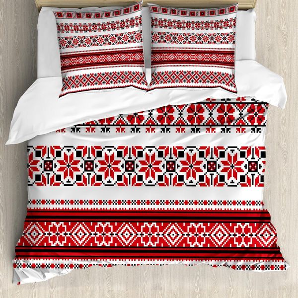 Set Copripiumino Abakuhaus Rosso, Illustrazione Artigianale Ucraina - Accenti Etnici Tradizionali - Tema Arte E Artigianato, 155 X 220 Cm + 80 X 80 Cm, Rosso, Nero, Bianco-image