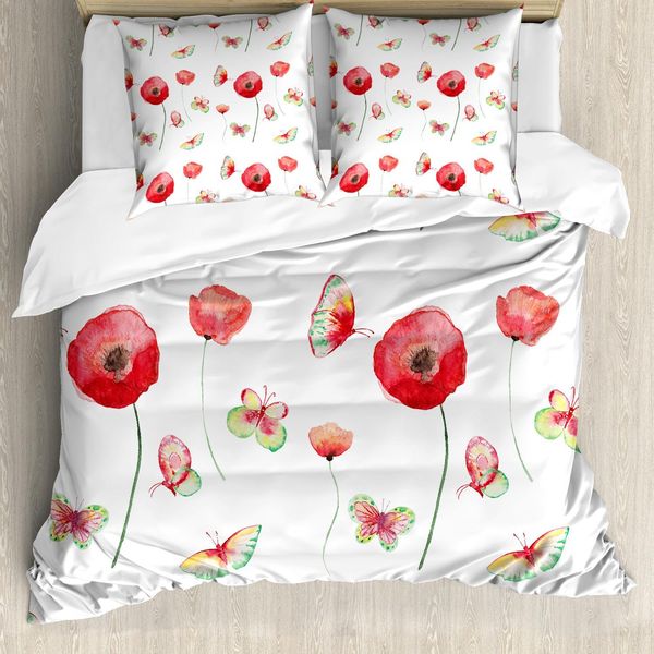 Set Copripiumino Abakuhaus Con Motivo Floreale, Stampa Vintage Con Papaveri E Farfalle, Tema Romantico, 200 X 200 Cm + 80 X 80 Cm, Cocco E Rosso-image