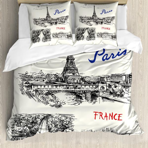 Abakuhaus Set Copripiumino Torre Eiffel, Parigi Silhouette Classica Illustrazione Paesaggistica, 155 X 220 Cm + 80 X 80 Cm, Nero Crema-image