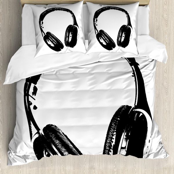 Abakuhaus Copripiumino Musicale, Cuffie Grunge Divertenti, Antiacaro, Adatto A Chi Soffre Di Allergie, Con Federe, 200 Cm X 200 Cm - 80 X 80 Cm, Nero Grigio Chiaro-image