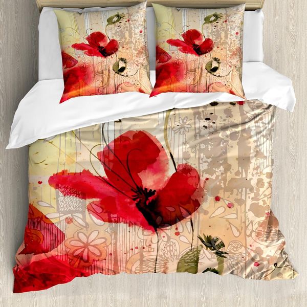 Set Copripiumino Abakuhaus, Romantico Motivo Floreale Con Papaveri Effetto Pennellata, Beige, 155 X 220 Cm + 80 X 80 Cm, Multicolore-image
