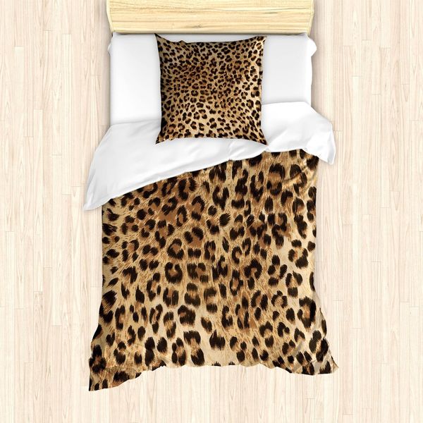 Abakuhaus Set Copripiumino Con Stampa Leopardo, Motivo Pelle Di Un Potente Felino Panthera, Animale Selvaggio Dei Safari Africani, 135 X 200 Cm + 80 X 80 Cm, Marrone Chiaro E Nero-image