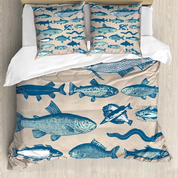 Set Copripiumino Abakuhaus, Stile Grunge, Tema Marittimo E Frutti Di Mare, Motivo Illustrativo, 155 X 220 Cm + 80 X 80 Cm, Beige Multicolore-image