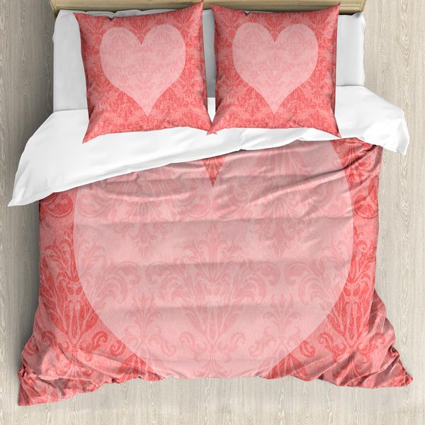 Abakuhaus Copripiumino Coral, Damasco Rosa Con Cuori, Antiacaro, Adatto A Chi Soffre Di Allergie, Con Federe, 155 Cm X 220 Cm - 80 X 80 Cm, Rosa Corallo Chiaro-image
