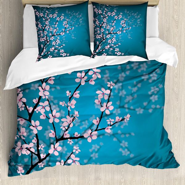 Set Copripiumino Giapponese Abakuhaus, Rosa Con Foglie E Piante Artificiali Ombre - Fiori Di Ciliegio Giapponesi In Primavera Nel Giardino Del Parco, 155 X 220 Cm + 80 X 80 Cm, Blu Petrolio E Rosa Chiaro-image
