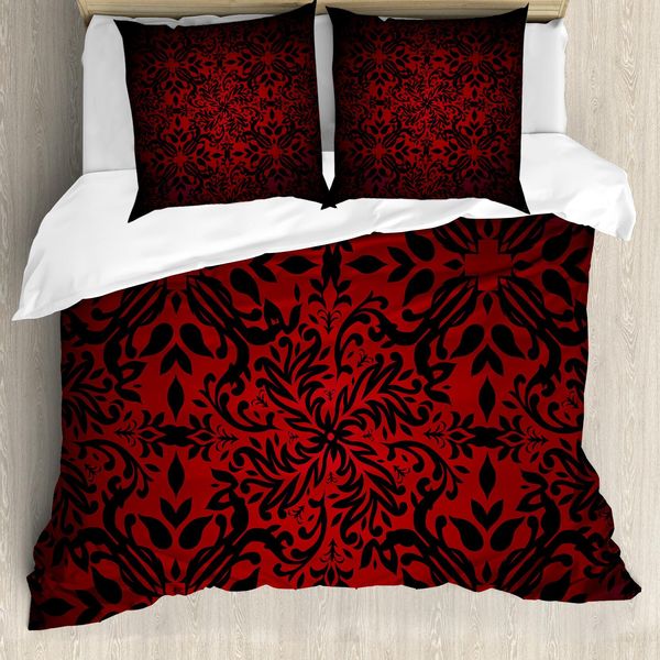Abakuhaus Copripiumino Rosso E Nero, Motivi Floreali Orientali, Antiacaro E Anallergico, Con Federe, 155 Cm X 220 Cm - 80 X 80 Cm, Vermiglio E Nero-image