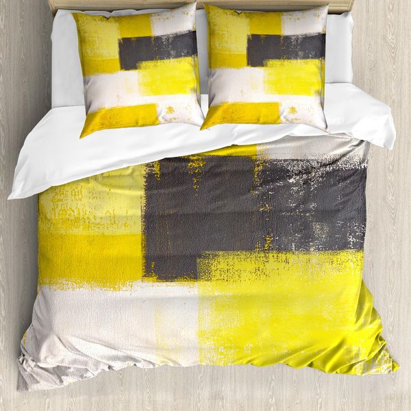 Abakuhaus Set Copripiumino Astratto Per Letti Matrimoniali, Moderno Effetto Pennellata Grunge, Antiacaro, Adatto A Chi Soffre Di Allergie, Con Federe, Grigio Antracite, Giallo Chiaro, Bianco-image
