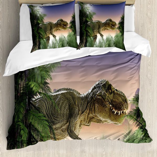 Abakuhaus Copripiumino Jurassic, Dinosauri Nella Giungla, Antiacaro, Adatto A Chi Soffre Di Allergie, Con Federe, 200 Cm X 200 Cm - 80 X 80 Cm, Verde Blu Pesca-image