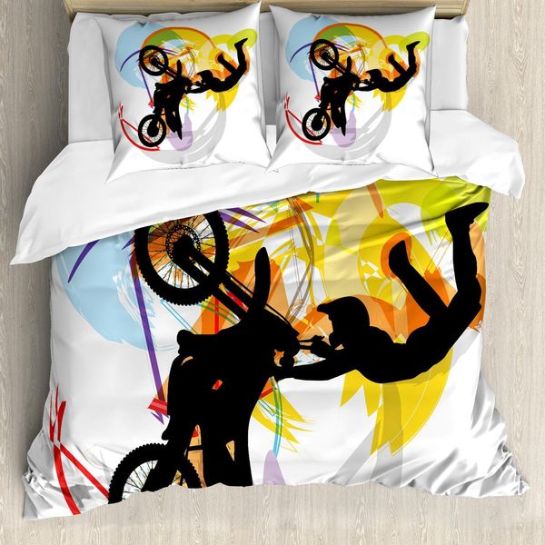 Abakuhaus Set Copripiumino Per Sport Estremi, Tema Motocross Con Cavaliere Su Sfondo Colorato E Composizione Multicolore, 155 X 220 Cm + 80 X 80 Cm, Multicolore-image