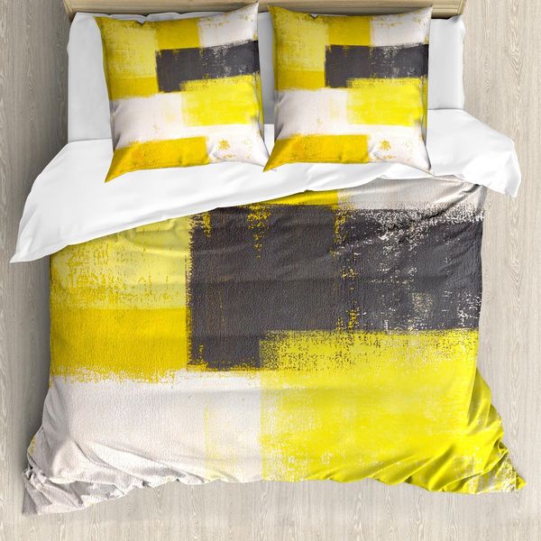 Abakuhaus Set Copripiumino Grigio E Giallo, Arte Moderna Stile Grunge Astratto Pennellate Pittura, 200 X 200 Cm + 80 X 80 Cm, Grigio Giallo-image