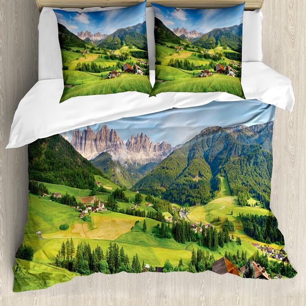 Set Copripiumino Abakuhaus Naturale, Alpi In Primavera Con Erba Fresca, Cielo E Maestose Montagne, Immagine Artistica, 155 X 220 Cm + 80 X 80 Cm, Verde Blu-image