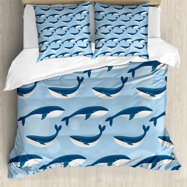Abakuhaus Copripiumino Con Motivi Marini, Balena Cartoon, Antiacaro, Adatto A Chi Soffre Di Allergie, Con Federe, 155 Cm X 220 Cm - 80 X 80 Cm, Blu E Bianco-image
