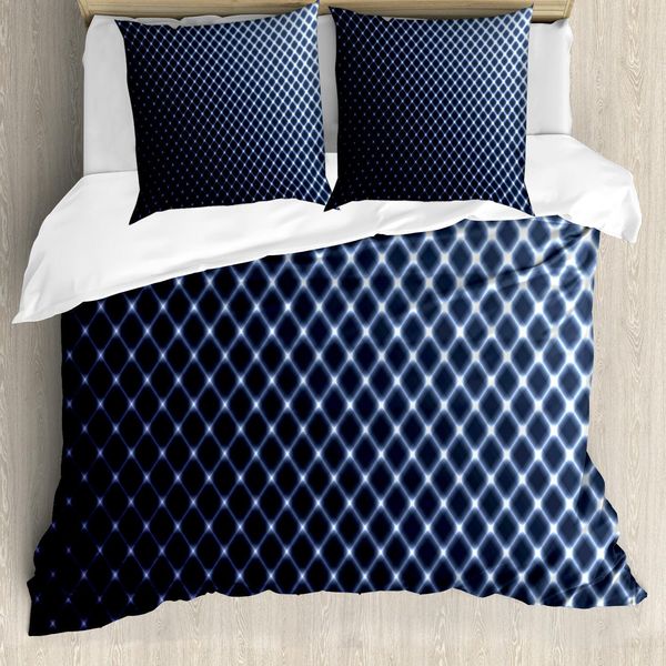 Abakuhaus Set Copripiumino Blu Scuro, Motivo A Quadri Diagonali Con Tecnologia Mezzitoni, Stile Moderno E Futuristico, 200 X 200 Cm + 80 X 80 Cm, Blu Scuro E Bianco-image