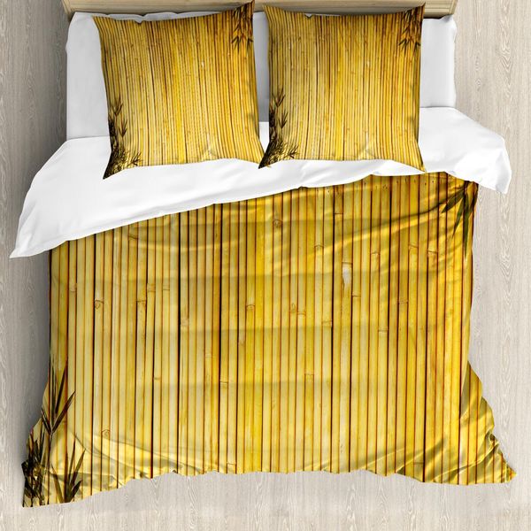 Set Copripiumino In Bambù Abakuhaus, Foglie Di Stelo, Immagine Orientale Naturale In Legno, Tema Zen Asiatico Naturale E Selvaggio, 200 X 200 Cm + 80 X 80 Cm, Giallo-image