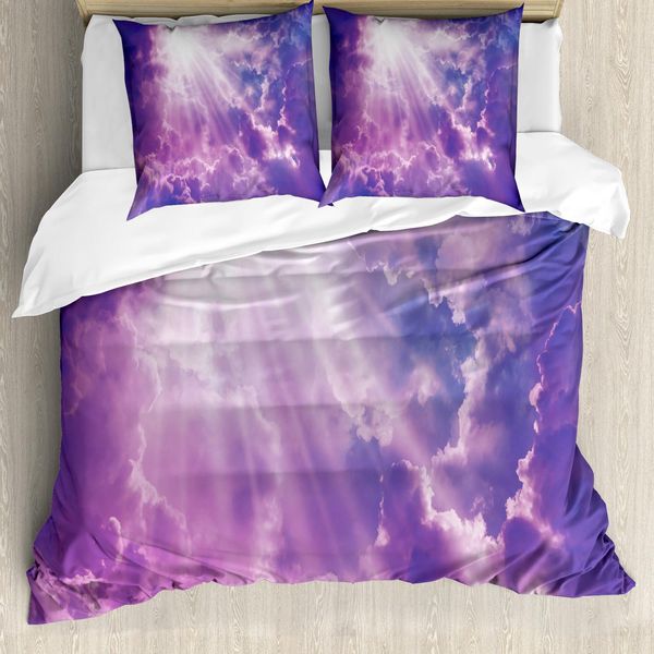 Abakuhaus Set Copripiumino Paesaggio, Cielo Magico E Drammatico Con Sole E Nuvole Pesanti, Immagine Sun Rays, 155 X 220 Cm + 80 X 80 Cm, Viola E Bianco-image