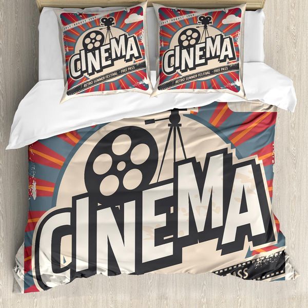 Abakuhaus Set Copripiumino Vintage, Stampa Con Tema Cinema Retrò, Texture Carta Vintage, Immagini Di Star Di Hollywood, 200 X 200 Cm + 80 X 80 Cm, Marrone, Ecru, Grigio-image