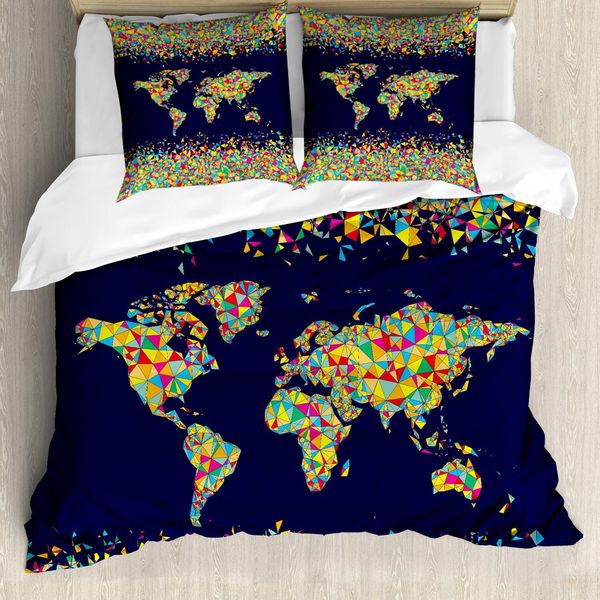 Abakuhaus Set Copripiumino Fernweh, Mosaici Fernweh Colori Vivaci Poligonali Poligonali, 155 X 220 Cm + 80 X 80 Cm, Blu Scuro Giallo Blu-image