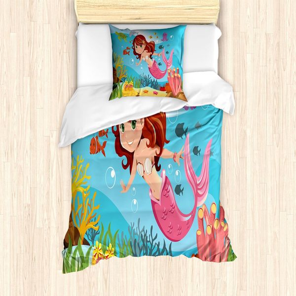 Abakuhaus Set Copripiumino Subacqueo, Sirena Fatata, Il Mondo Sottomarino Sorride, Tema Sorridente E Simpatico, 135 X 200 Cm + 80 X 80 Cm, Multicolore-image