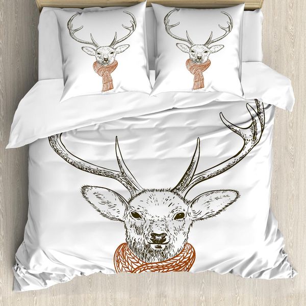Abakuhaus Set Copripiumino Con Corna Di Cervo, Illustrazione Di Un Cervo Con Sciarpa, Lavorato A Maglia, Stagione Invernale, Dicembre, 155 X 220 Cm + 80 X 80 Cm, Rosso Legno Grigio Bianco-image