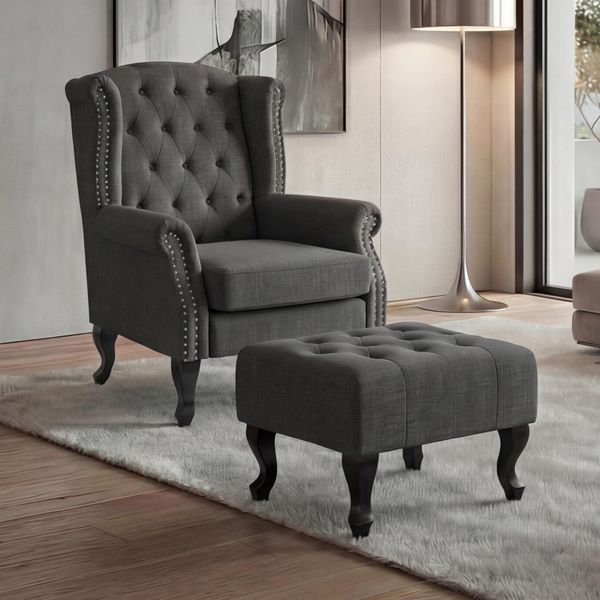 Poltrona Chesterfield, Poltrona Club Reclinabile Poltrona Ad Ala, Tessuto Idrorepellente ~ Grigio Scuro Con Pouf-image