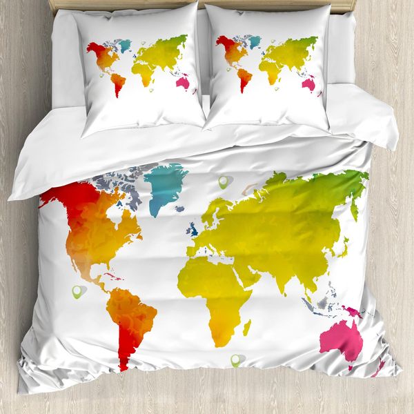 Abakuhaus Carta Copripiumino, Continenti Mondo Acquerello, Antiacaro Adatto A Chi Soffre Di Allergie Con Federe, 155 Cm X 220 Cm - 80 X 80 Cm, Multicolore-image