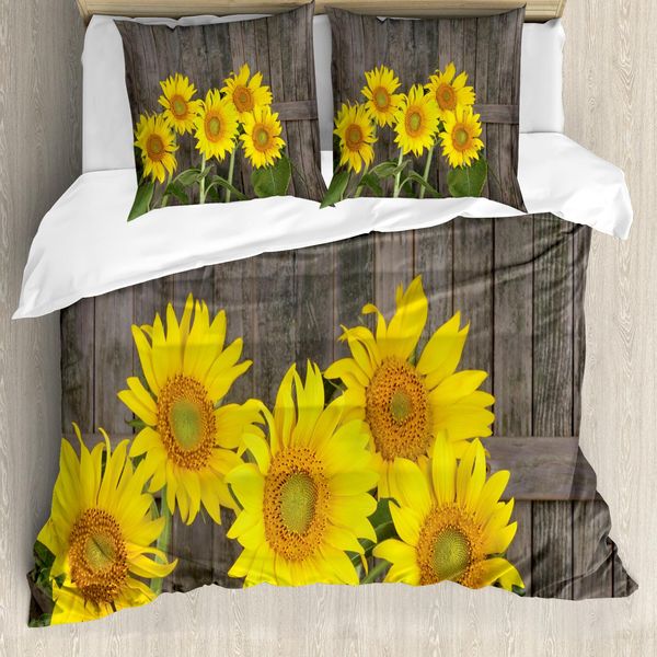 Abakuhaus Copripiumino Girasole, Helianthus Girasoli, Antiacaro, Adatto A Chi Soffre Di Allergie, Con Federe, 155 Cm X 220 Cm - 80 X 80 Cm, Marrone, Giallo, Verde-image