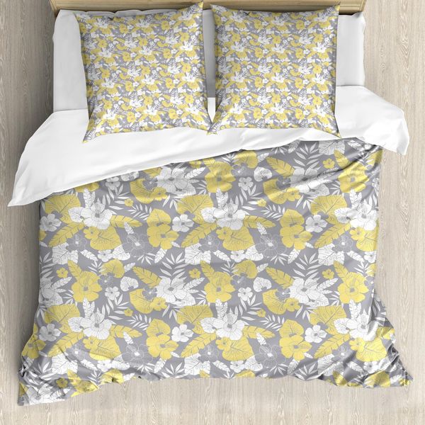Abakuhaus Luau Copripiumino, Hawaii Vegetazione Vendemmia, Antiacaro Adatto A Chi Soffre Di Allergie Con Federe, 200 Cm X 200 Cm - 80 X 80 Cm, Giallo Pallido Grigio Chiaro-image