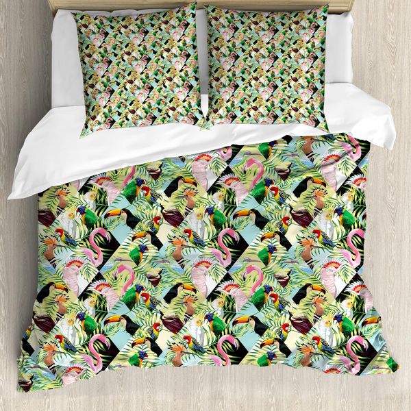 Abakuhaus Luau Copripiumino, Pappagalli Della Giungla Tropicale, Antiacaro, Adatto A Chi Soffre Di Allergie, Con Federe, 155 Cm X 220 Cm - 80 X 80 Cm, Multicolore-image