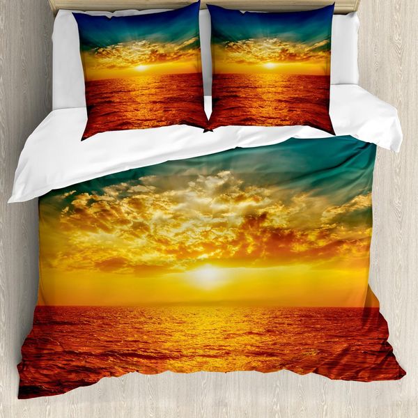 Set Copripiumino Abakuhaus Ocean, Tramonto Tra Le Nuvole, Mare Esotico Con Raggi Di Sole, Stampa Con Vista Serale, 200 X 200 Cm + 80 X 80 Cm, Multicolore-image