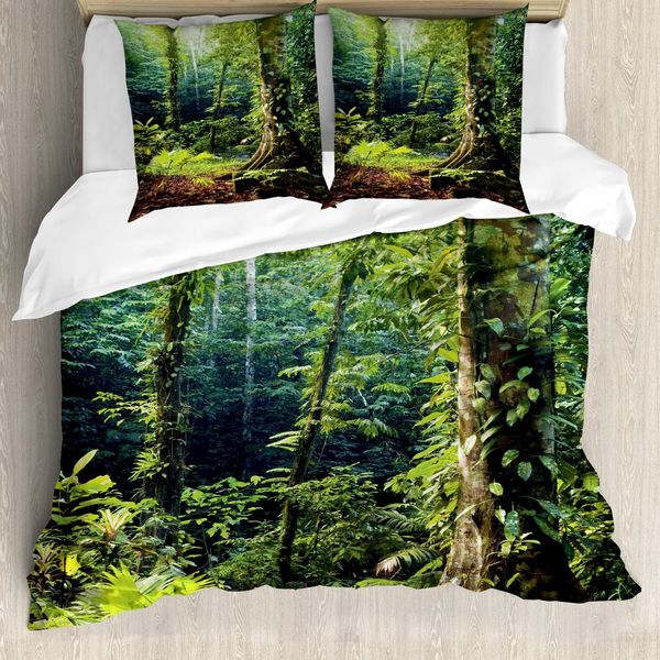 Set Copripiumino Abakuhaus Rainforest, Mattina Bosco Selvaggio Edera Albero Tranquillità Nella Natura Rainforest Giungla Motivo Fotografico, 200 X 200 Cm + 80 X 80 Cm, Verde Marrone-image
