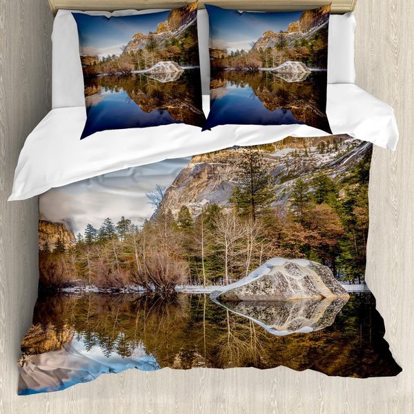 Set Copripiumino Abakuhaus Yosemite, Immagine Con Riflessi Del Lago E Delle Montagne Sull'acqua Al Tramonto, 155 X 220 Cm + 80 X 80 Cm, Marrone-image