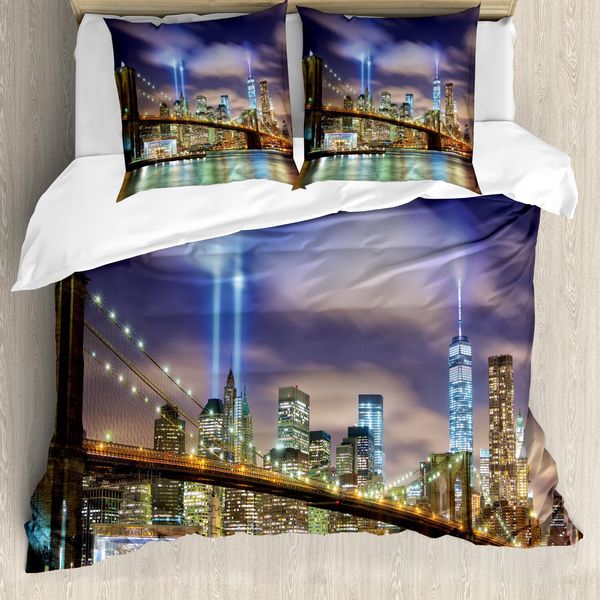 Abakuhaus Copripiumino Paesaggio, Skyline Di Manhattan Usa, Antiacaro, Adatto A Chi Soffre Di Allergie, Con Federe, 200 Cm X 200 Cm - 80 X 80 Cm, Viola Verde-image